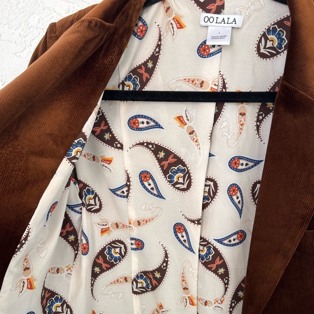 Oo La La Brown Velour Blazer Jacket Paisley Lining Peak Lapels Small - Picture 2 of 9